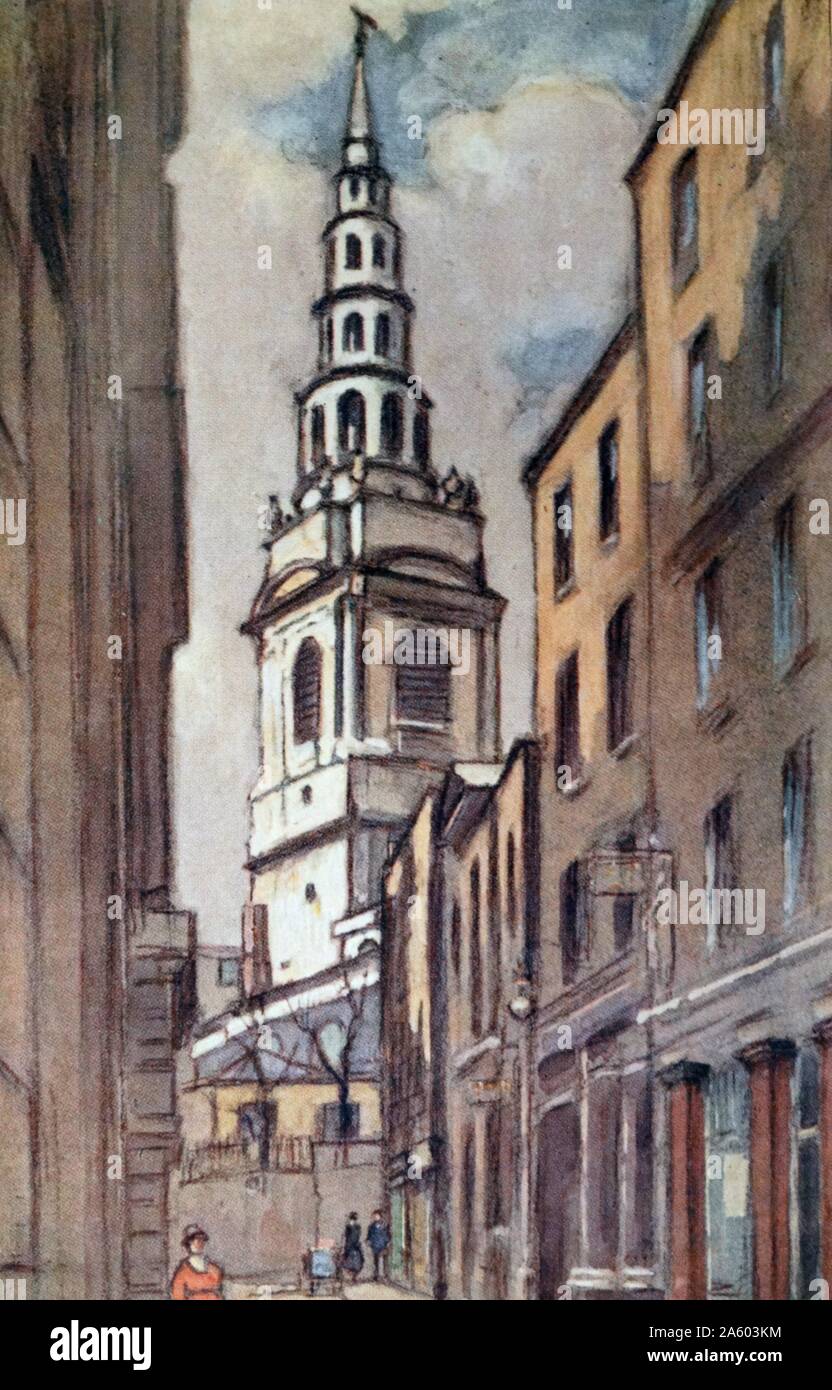 Coloured sketch of St Bride's Church, a church in the City of London. Designed by Sir Christopher Wren. Dated 20th Century Stock Photo
