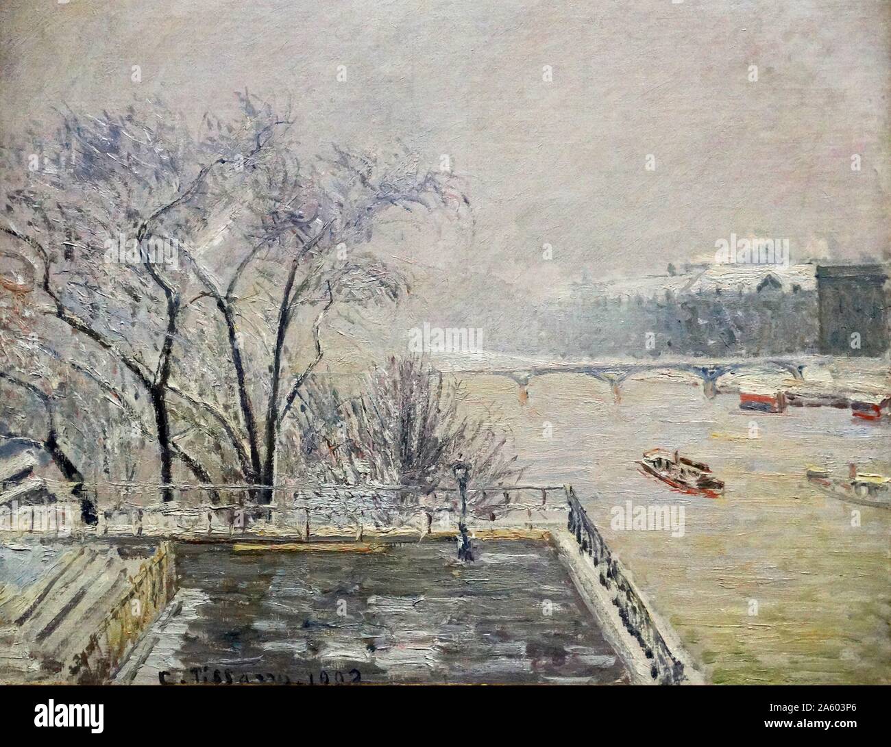 Painting titled 'The Louvre under Snow' by Camille Pissarro (1830-1903) a Danish-French Impressionist and Neo-Impressionist painter. Dated 20th Century Stock Photo