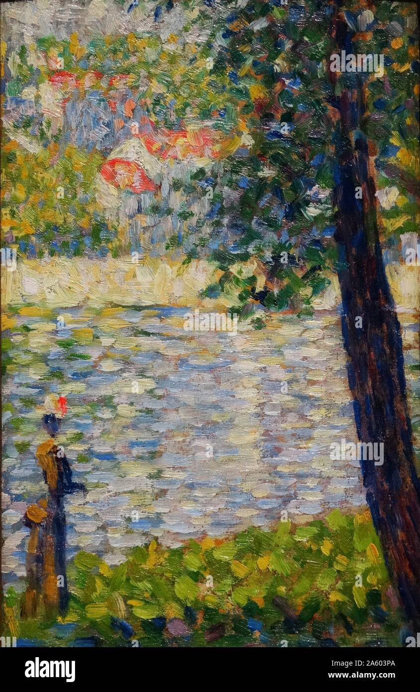 Painting titled 'The Morning Walk' by Georges-Pierre Seurat (1859-1891) a French post-Impressionist painter and draftsman. Dated 19th Century Stock Photo