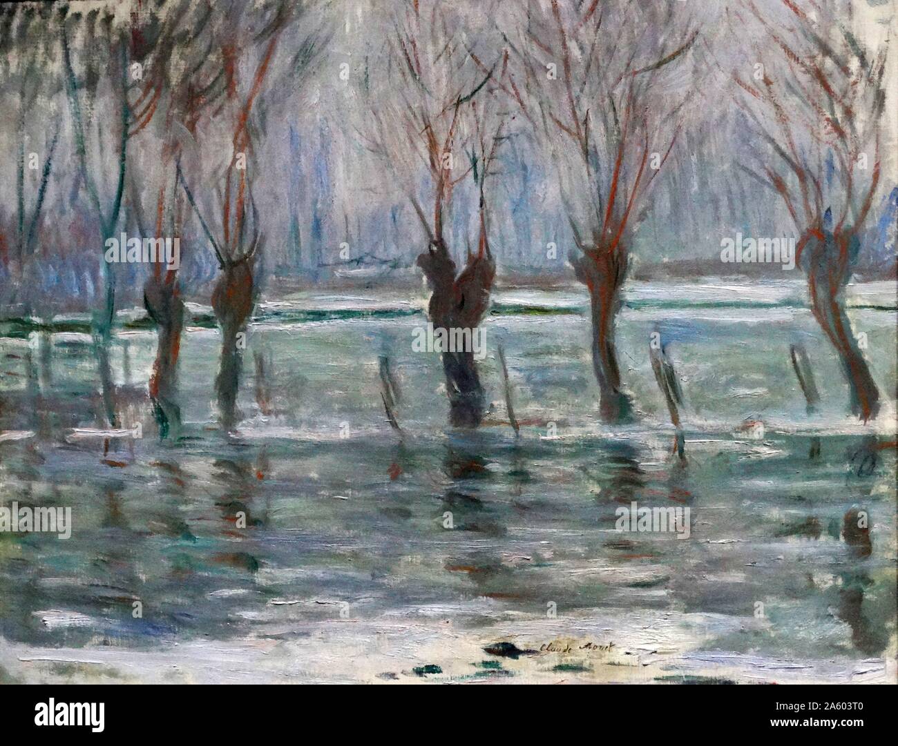 Painting titled 'Flood Waters' by Claude Monet (1840-1926) French Impressionist painter. Dated 19th Century Stock Photo