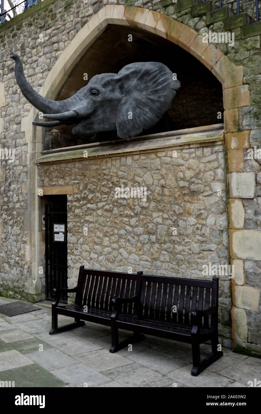 Reconstruction of an elephant in a stable at the Tower of London. Dated 17th Century Stock Photo