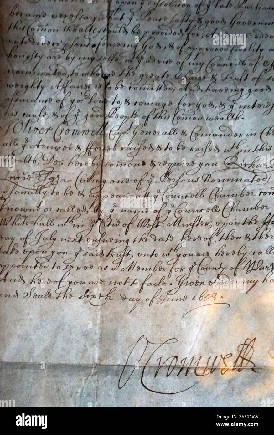 Writ of Summons to the Barebone's Parliament, signed by Oliver Cromwell (1599-1658). An English military and political leader and later Lord Protector of the Commonwealth of England, Scotland and Ireland. Dated 17th Century Stock Photo