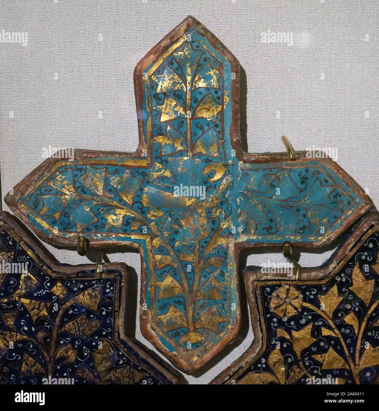 Lajvardina star and cross tiles . From Iran. Dated 13th Century Stock Photo