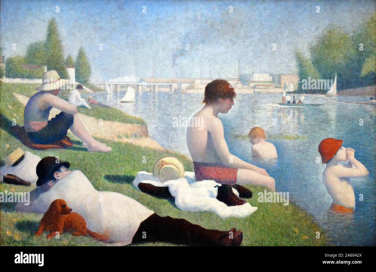 Painting titled 'Bathers at Asnières' by Georges-Pierre Seurat (1859-1891) a French post-Impressionist painter and draftsman. Dated 19th Century Stock Photo