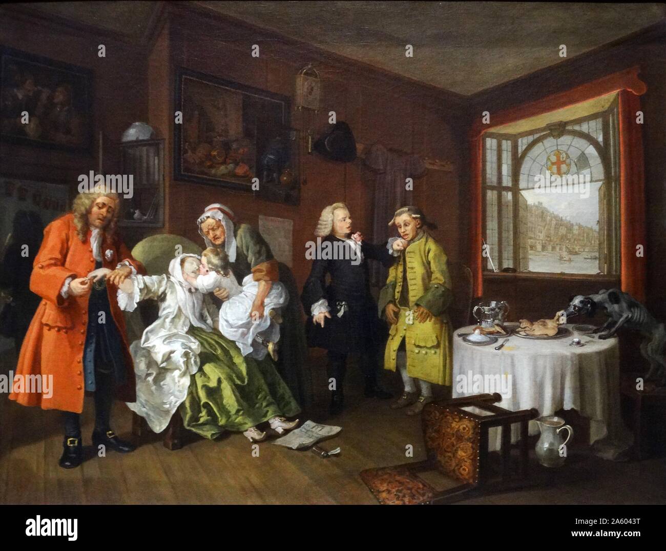Painting titled 'Marriage à-la-mode: 6. The Lady's Death' by William Hogarth (1697-1764) an English painter, printmaker, pictorial satirist, social critic, and editorial cartoonist. Dated 18th Century Stock Photo