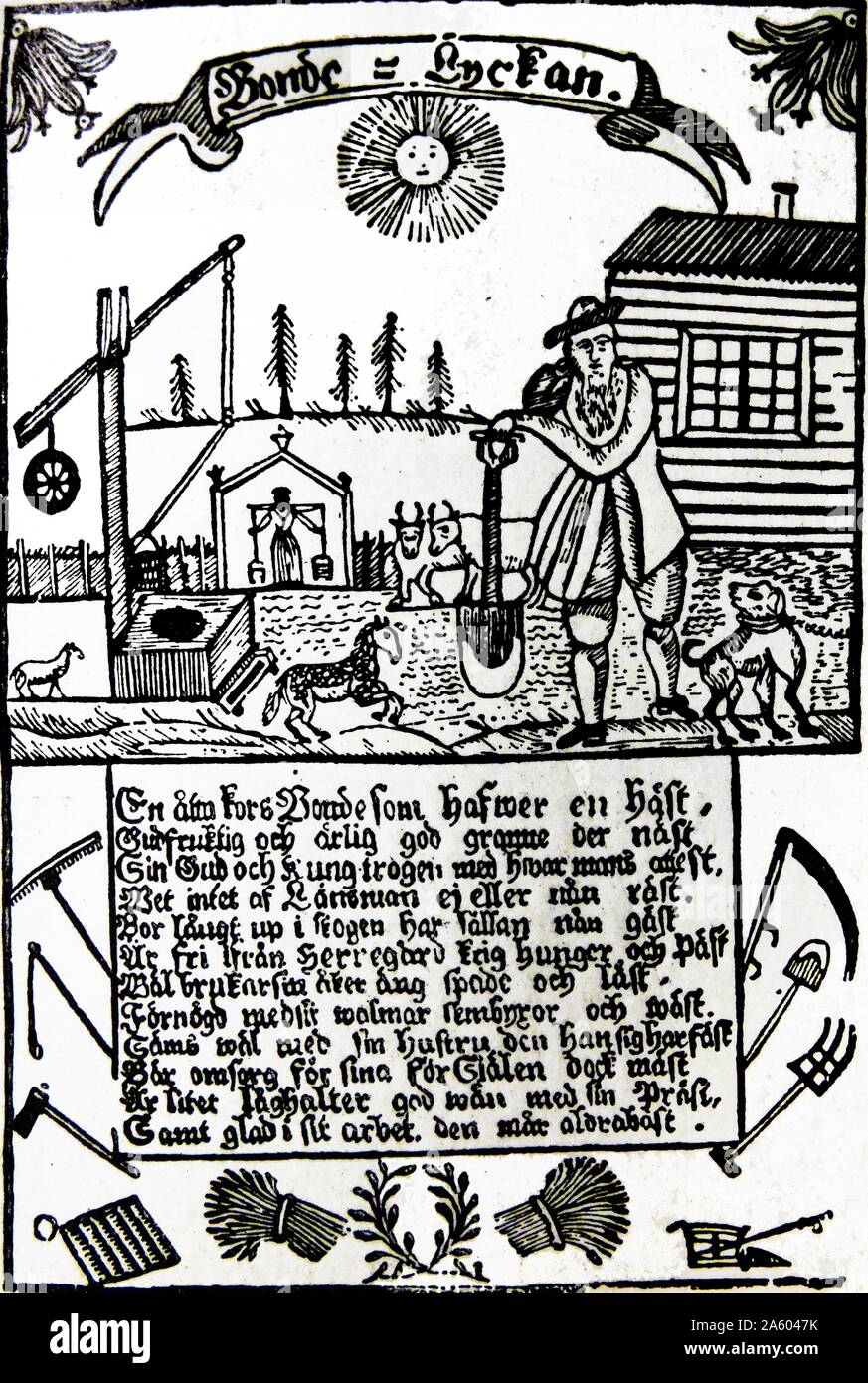 Woodblock print titled 'The Farmer's Happiness' by Johan Pehr Lundström. Dated 19th Century Stock Photo