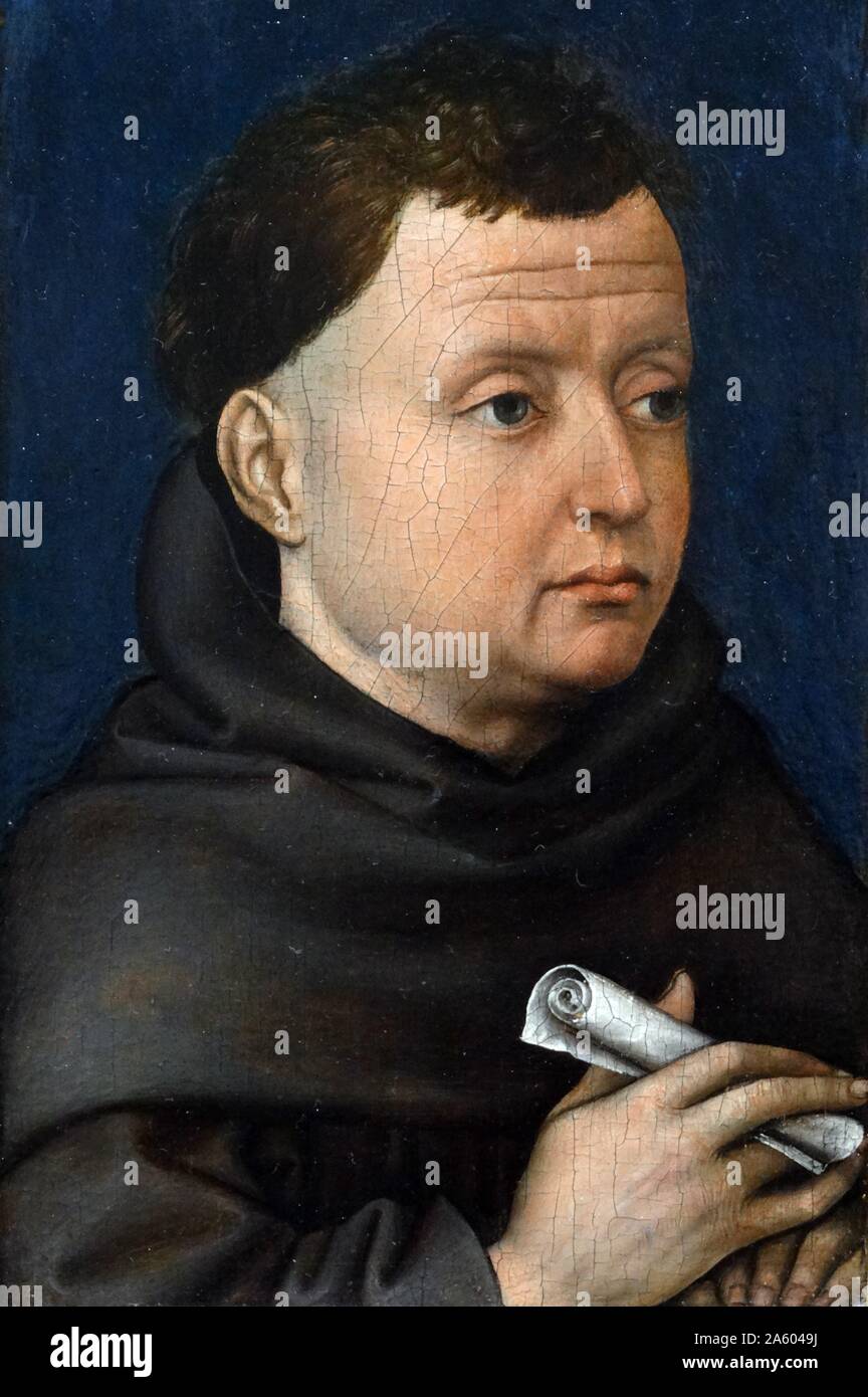 Painting titled 'Portrait of a Franciscan' by Robert Campin (1375-1444) master of Flemish and Early Netherlandish painting. Dated 14th Century Stock Photo