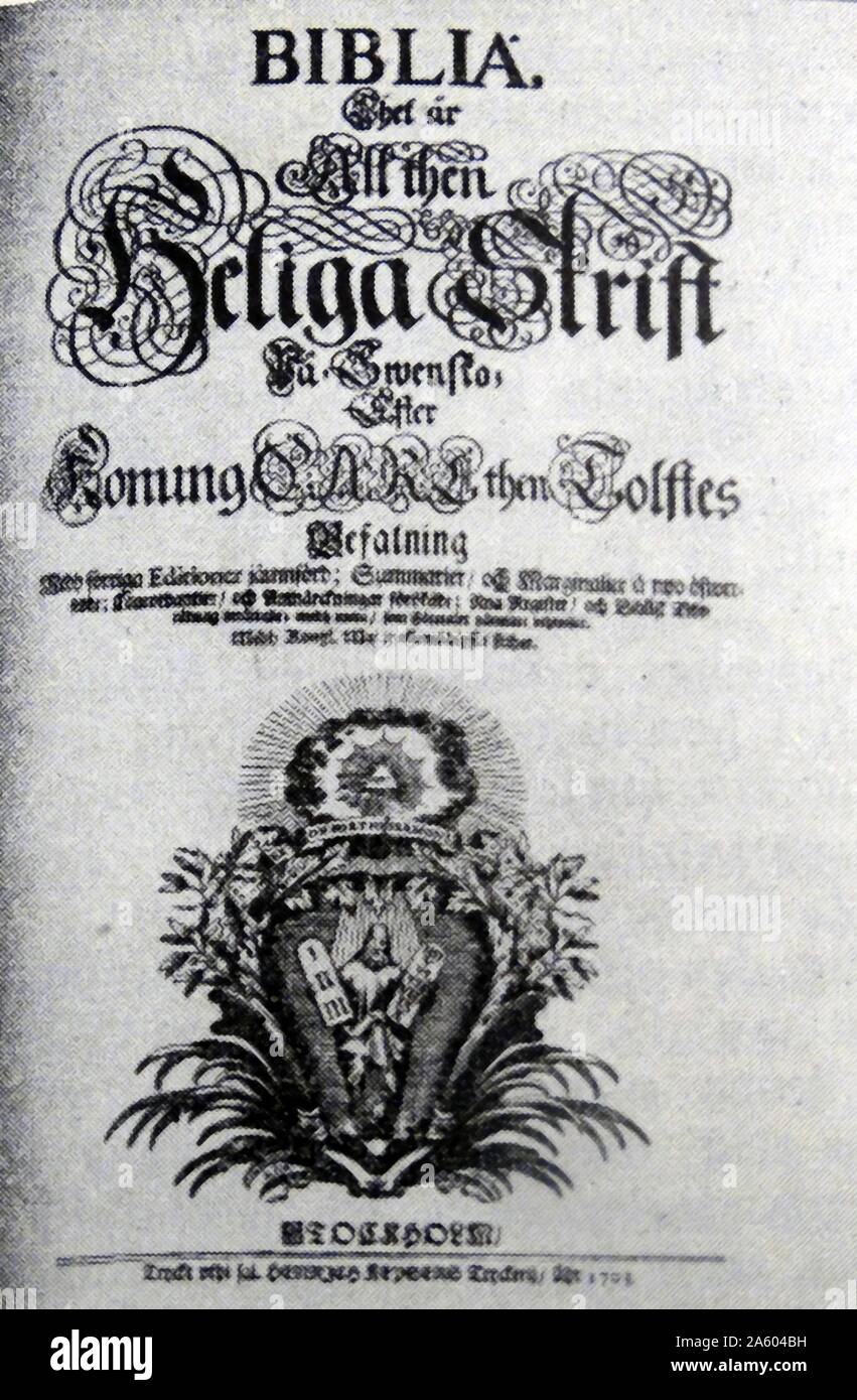 Charles XII Bible, a Bible translation into Swedish, instigated by King Charles XI in 1686. Dated 17th Century Stock Photo