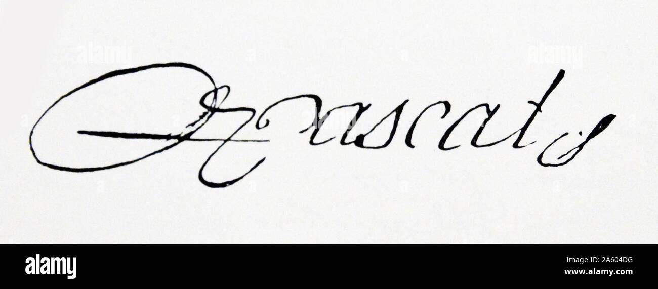 Signature of Blaise Pascal (1623-1662) a French mathematician, physicist, inventor, writer and Christian philosopher. Dated 17th Century Stock Photo