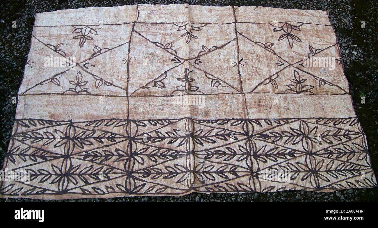 Painted Tapa, or Ngatu, from Tonga in the South Pacific. Tapa cloth is made from the inner bark of the mulberrytree (hiapo) and is used on ceremonial occasions. Stock Photo