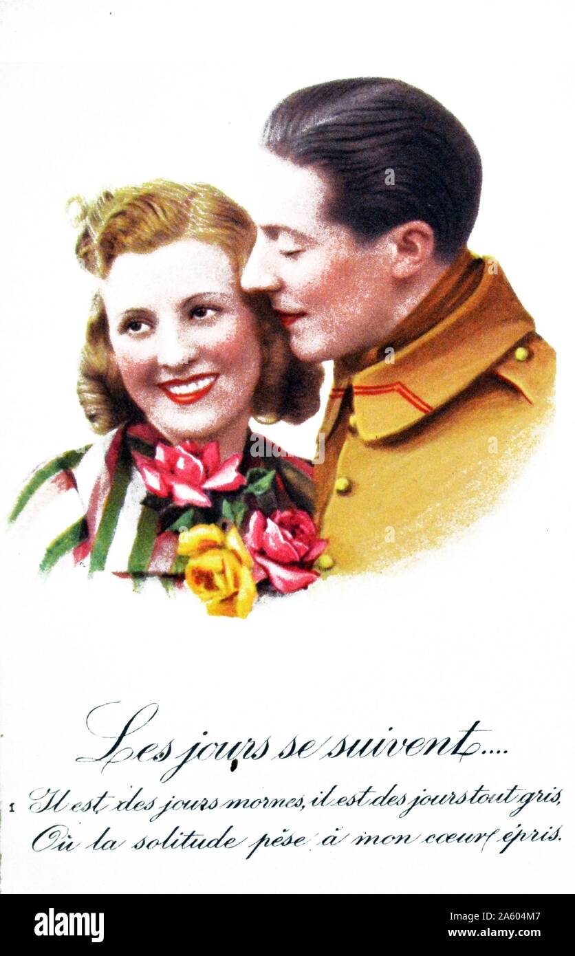 World War Two: Sentimental French postcard for civilians to send to their men at the frontline. Stock Photo