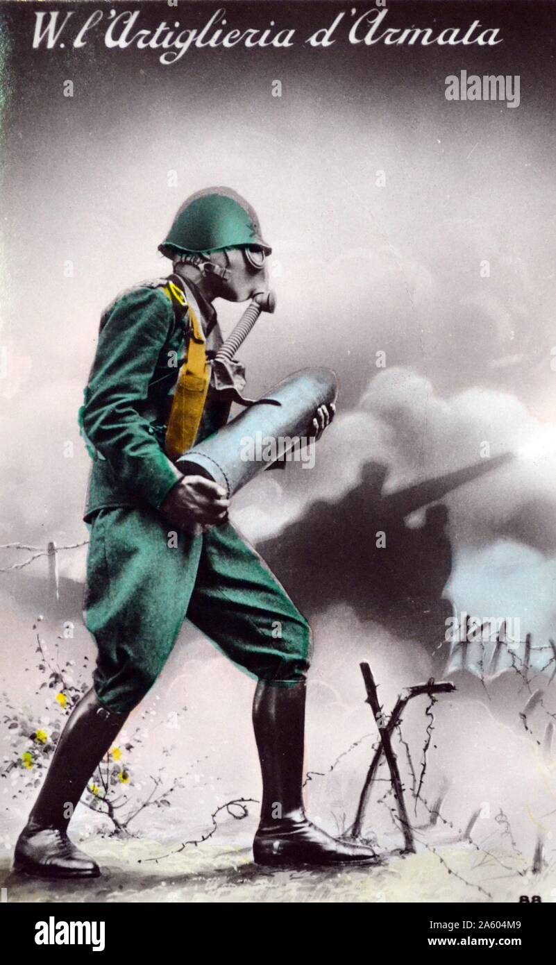 Italian world War Two postcard showing an infantry soldier with his gas mask carrying an artillery shell Stock Photo