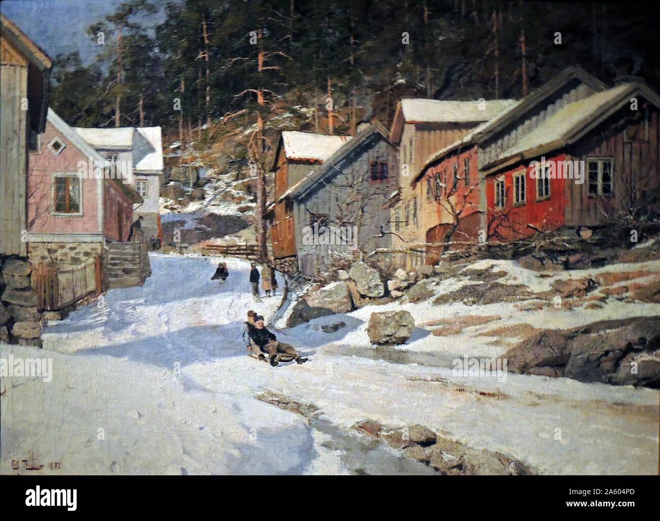 Street in Kragero, 1882 by FritsThaulow (1847-1906). Oil on canvas. Stock Photo