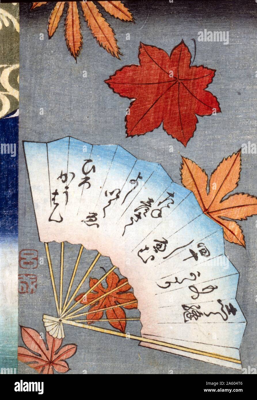 Ukiyo-e print of a fan with maple leaves . Dated 1850 Stock Photo