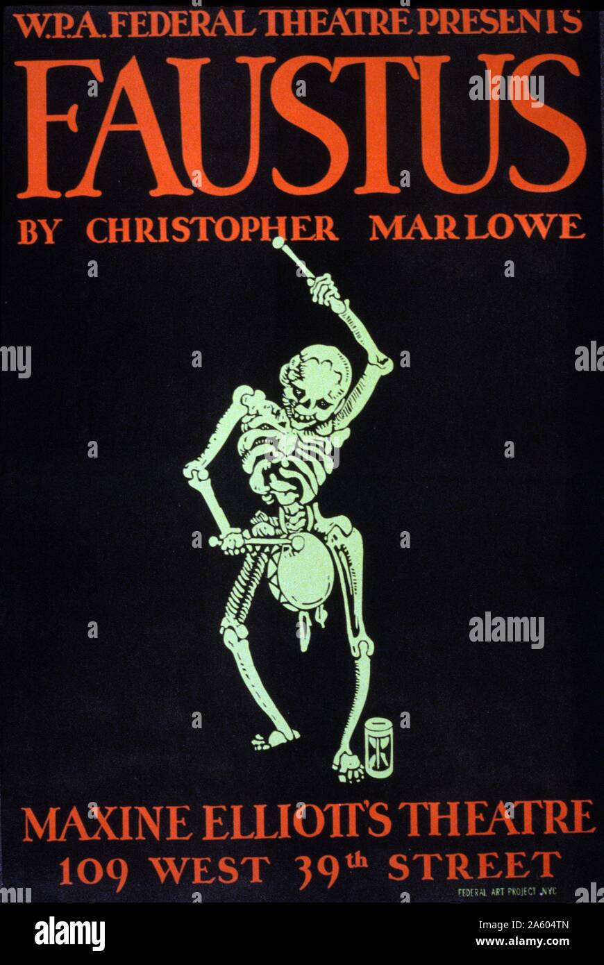 W.P.A. Federal Theatre presents 'Faustus' by Christopher Marlowe showing death as a skeleton beating a drum, an hourglass at his feet. Stock Photo