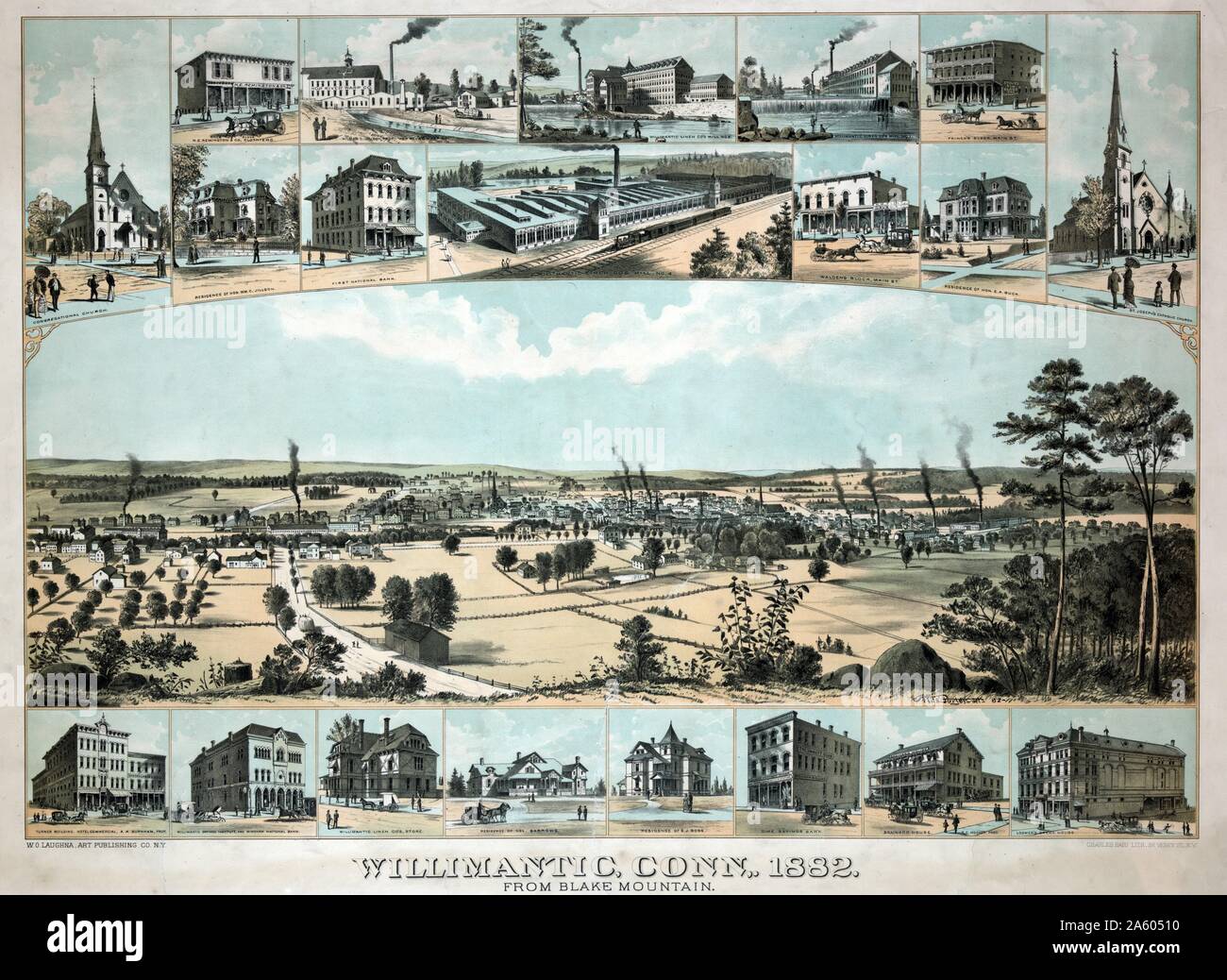 Willimantic; Connecticut; 1882 From Blake Mountain by Wills Porter; 1882. Bird's-eye view of Willimantic; Connecticut; vignettes of prominent commercial; religious; and residential buildings along top and bottom borders. Stock Photo