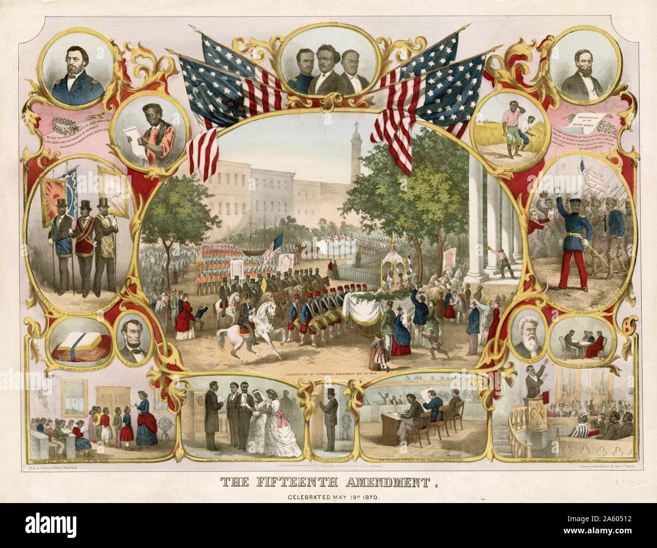 The Fifteenth Amendment (Amendment XV) to the United States Constitution prohibits the federal and state governments from denying a citizen the right to vote based on that citizen's 'race; colour; or previous condition of servitude'. It was ratified on February 3; 1870; Stock Photo