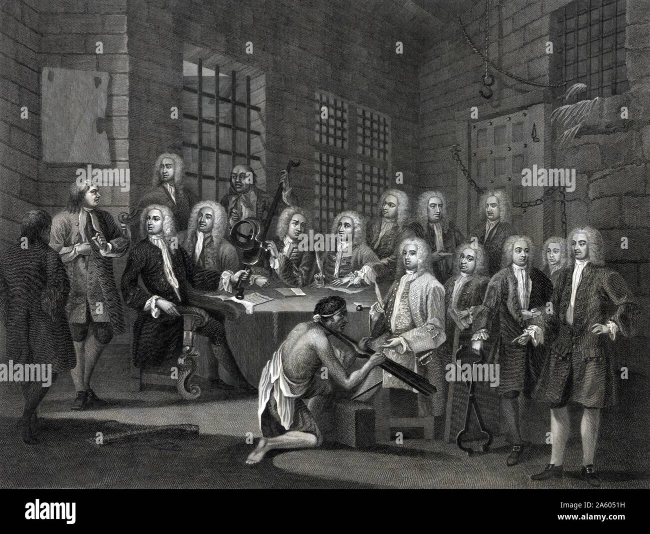 Several members of the House of Commons; incl. James Oglethorpe and Archibald Grant; gathered in a room at the Fleet Prison for an investigation of Thomas Bambridge; warden of the prison; for the brutal treatment of prisoners; one of whom is shown at centre wearing a punishment device; known as the collar; that fits around the neck and one or both hands; another device; known as the sheers; is held by Grant; and another one known as the skull cap is held by Oglethorpe and two other committee members. Bambridge was subsequently tried at the Old Bailey for the murder of a prisoner.18th century Stock Photo