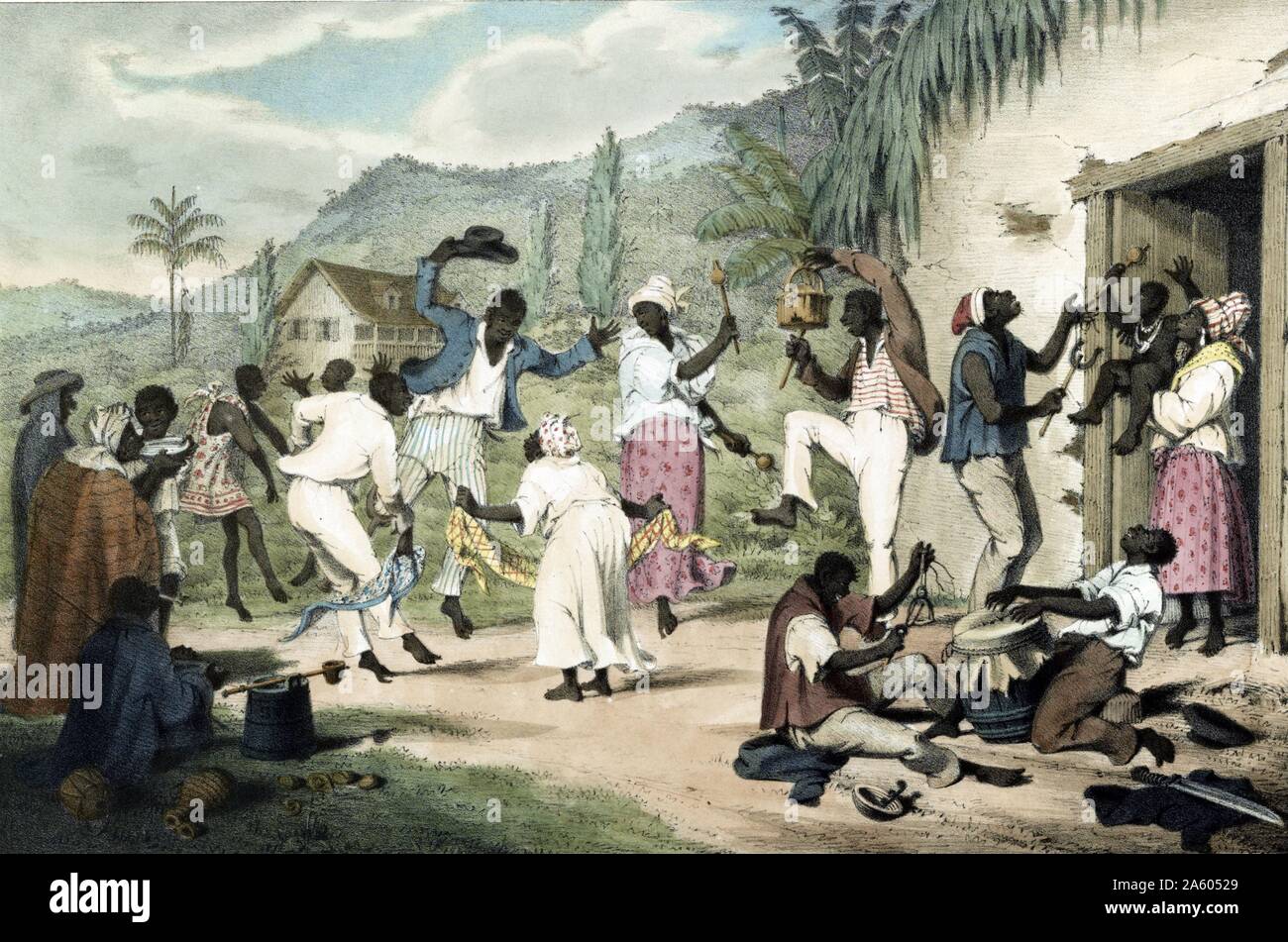 African ex-slave dance by Richard Bridgens; artist. Painted between 1838 and 1845. African Trinidadians playing music and dancing. Stock Photo