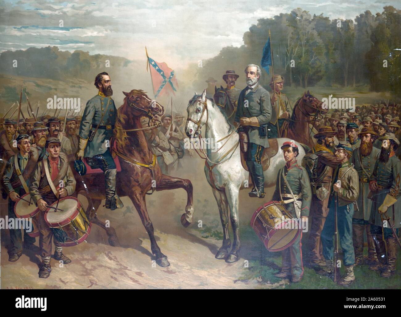 General Robert E. Lee; with troops; on the right and General Stonewall Jackson; with troops; on the left; both on horseback; meeting for the last time prior to Jackson's untimely death. Stock Photo