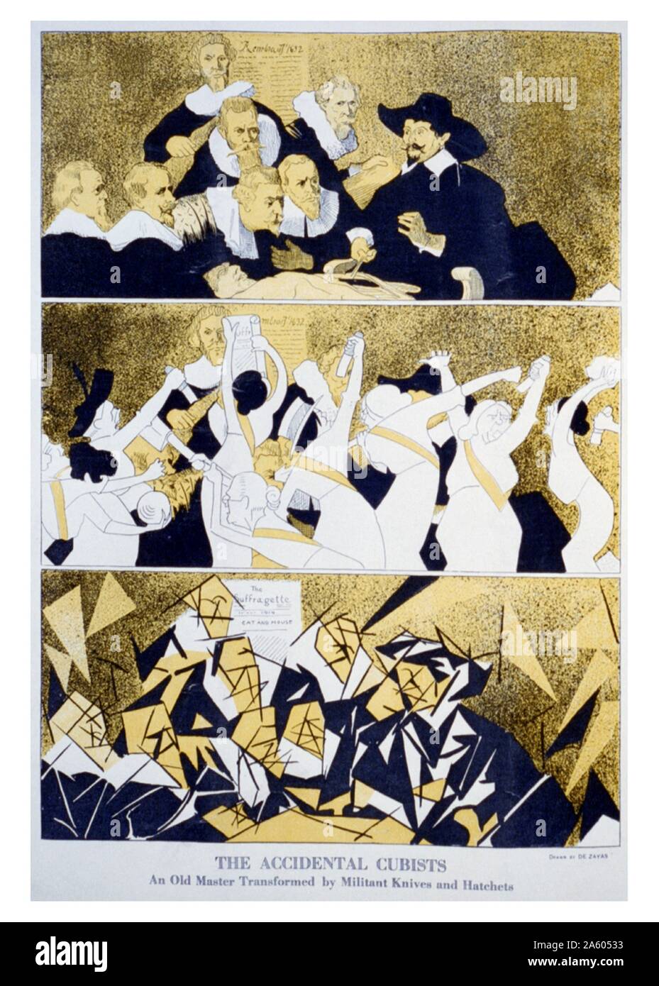 Accidental cubists. Illustration showing a three panel cartoon with Rembrandt's painting 'The Anatomy Lesson' at the top, and a group of angry suffragettes with knives and hatchets transforming the painting in the middle. At the bottom is the resulting cubist painting, now labelled 'The Suffragette - Cat and Mouse'. Stock Photo