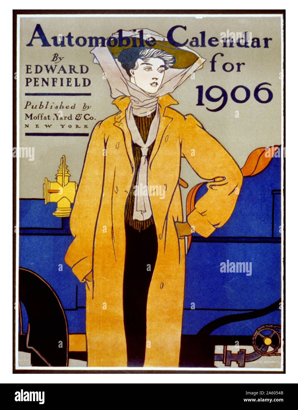 Automobile calendar for 1906. Poster shows a woman wearing a driving coat, gloves, and a hat secured by a scarf, and partial view of automobile in background. Stock Photo