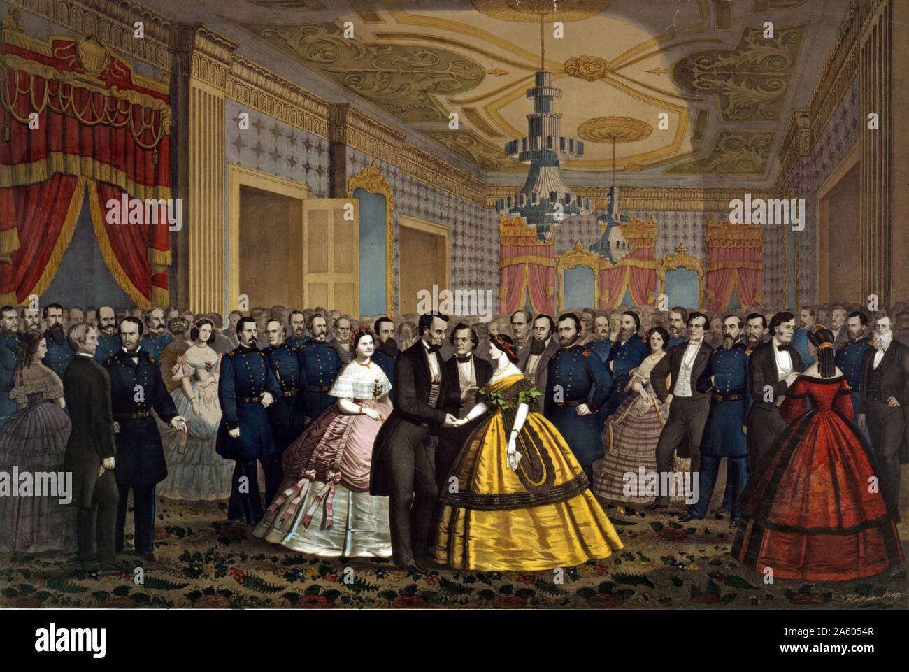 Abraham Lincoln & Mary Todd Lincoln greeting Union generals; Cabinet members; & others at a reception. Stock Photo