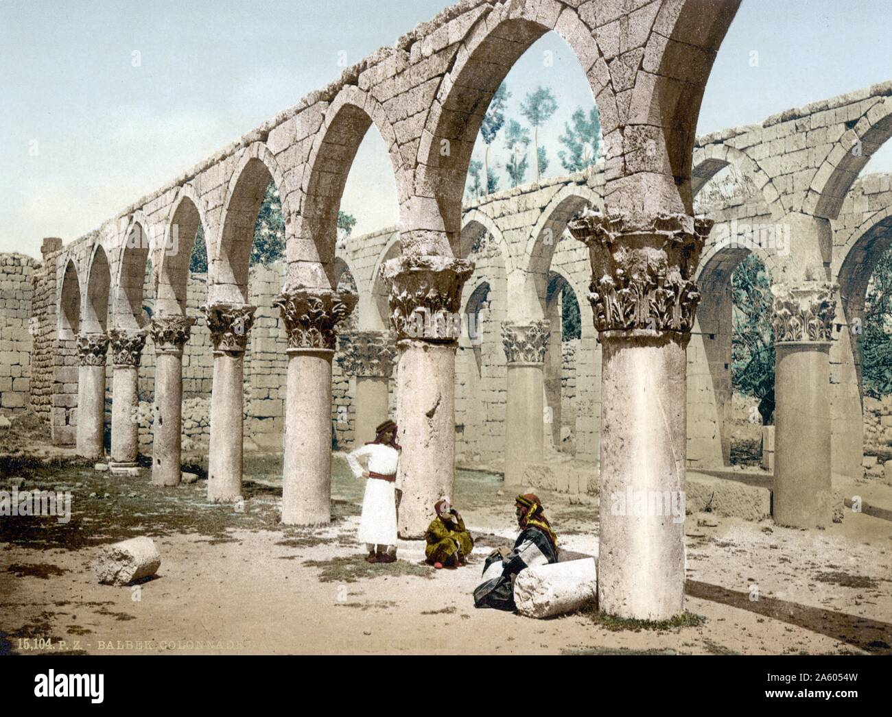 1900 colour photograph of the Colonnade of the ancient mosque; Baalbek; Lebanon. In 637 CE; the Muslim army under Abu Ubaid ibn al-Jarrah captured Baalbek after defeating the Byzantine army at Battle of Yarmouk. its fine mosque and fortress architecture; still extant; belonged to the reign of Sultan Qalawun Stock Photo