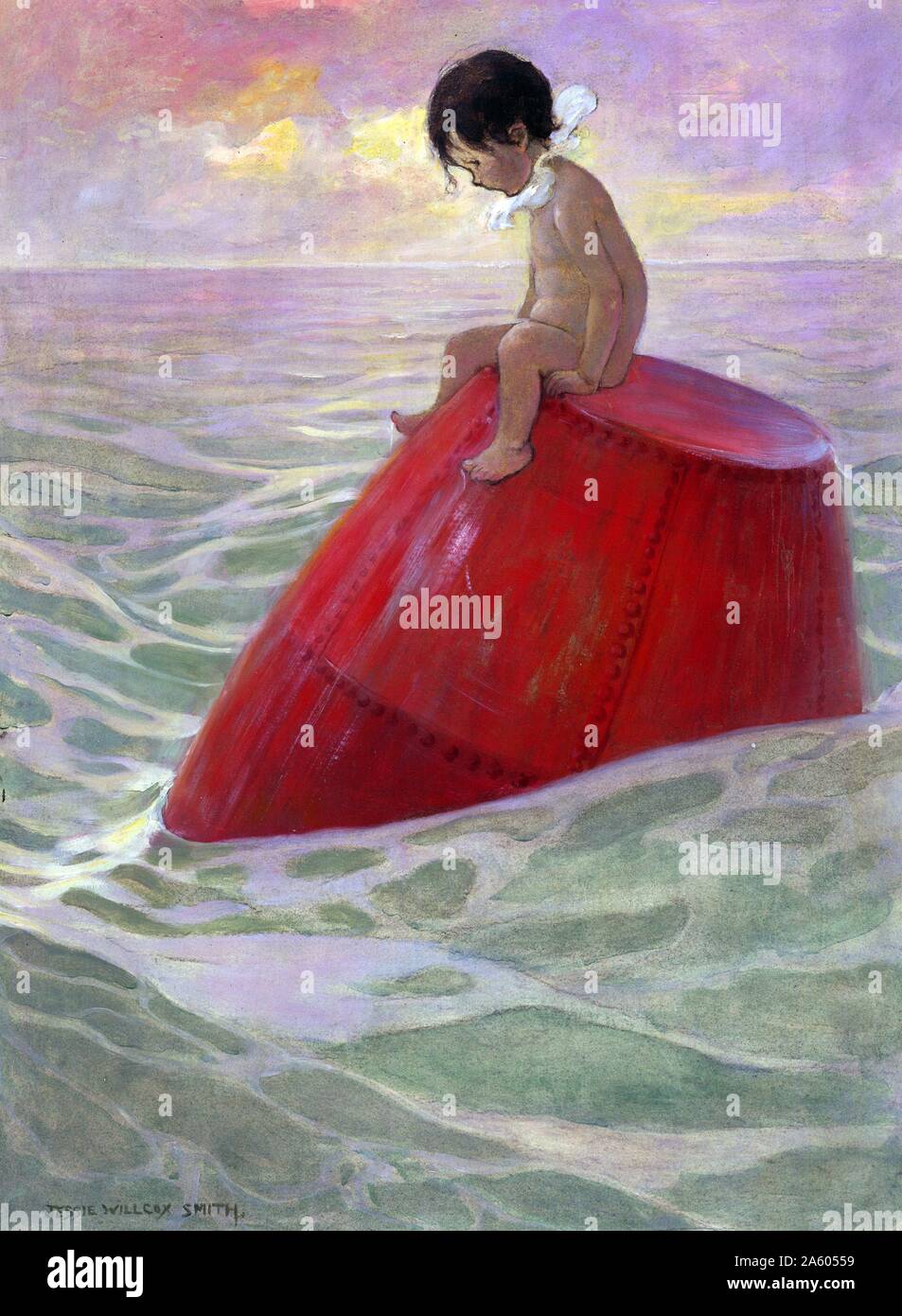 Tom sat upon the buoy long days by Jessie Wilcox Smith; 1863-1935. illustration from the Water Babies by Charles Kingsley. New York : Dodd; Mead & Co.; 1916 Stock Photo
