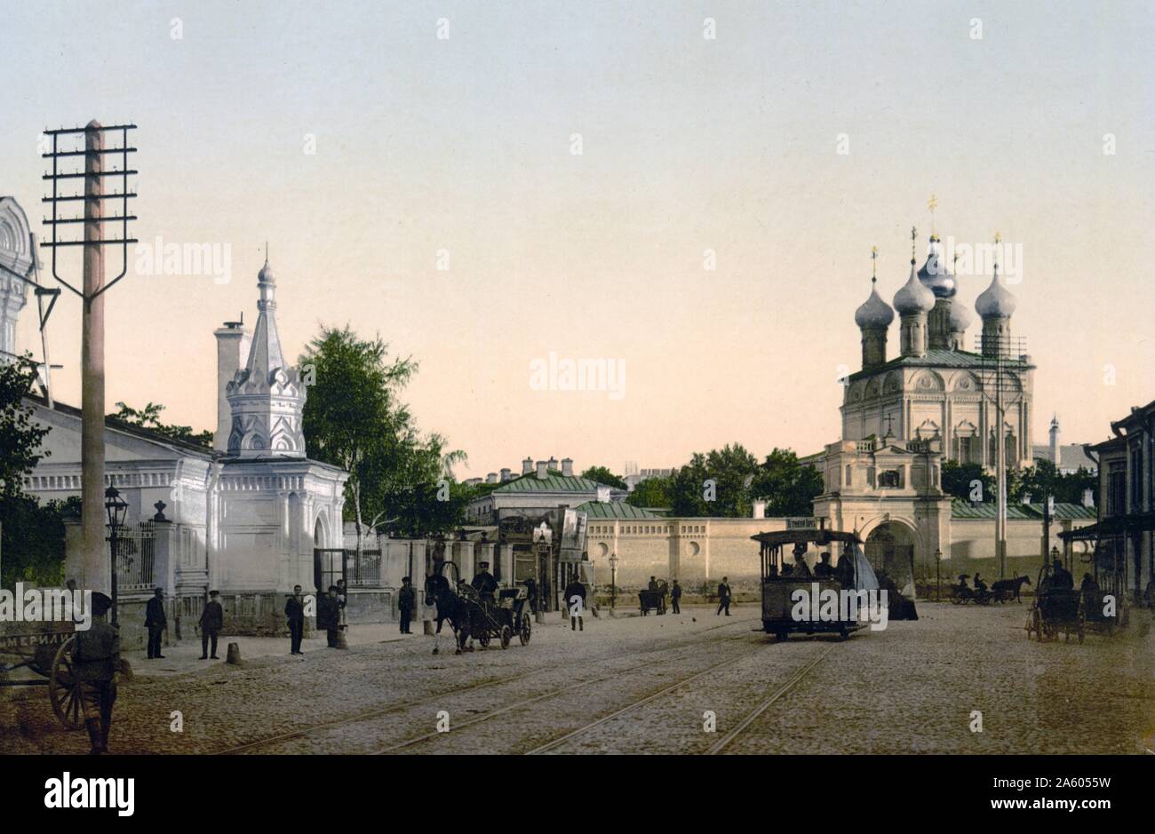 Early colour photograph of the Demitrow-Ka street (also known as Dmitrovka), Moscow, Russia. Stock Photo