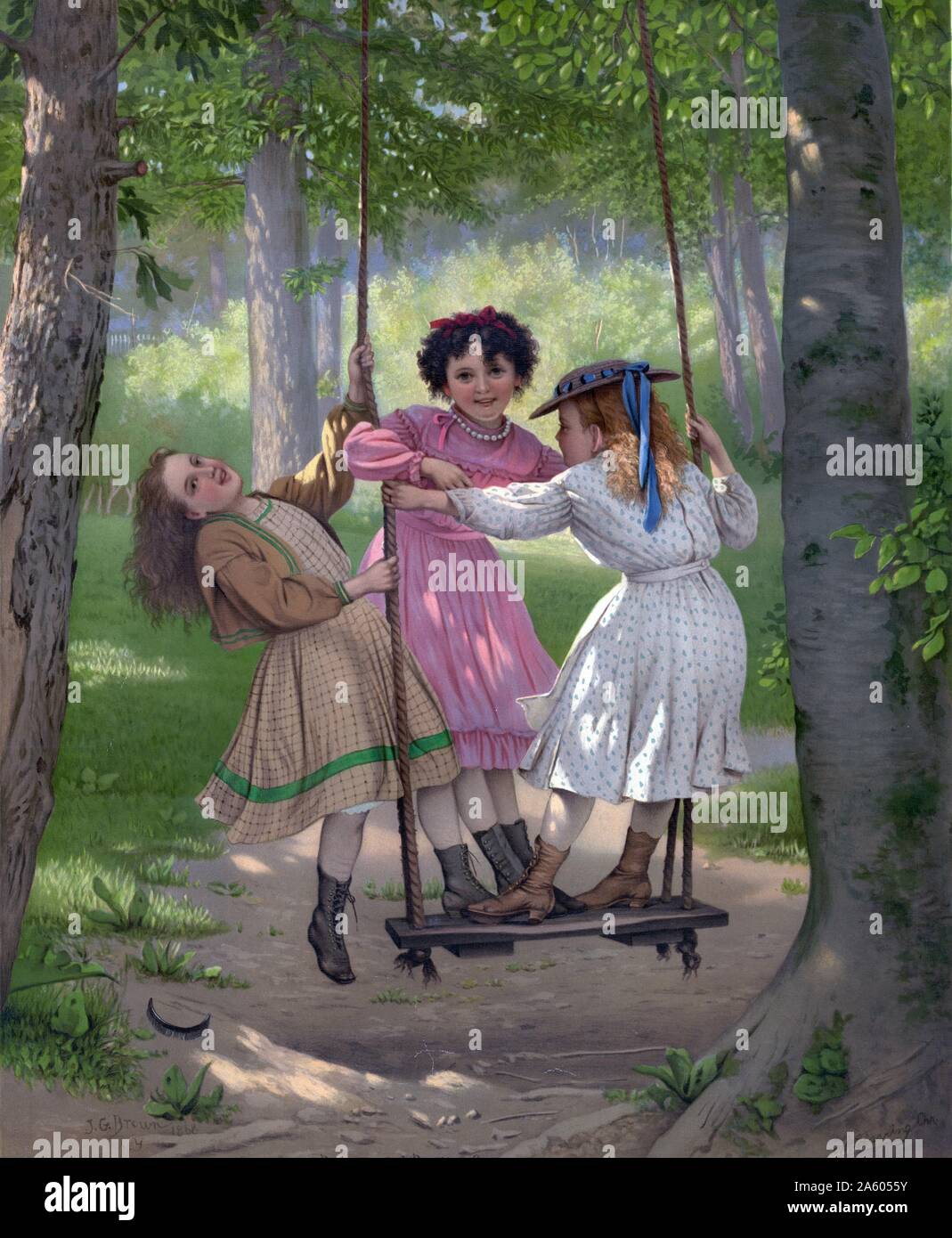 The three Tom boys', a painting in which three girls are stood on a swing playing. Stock Photo