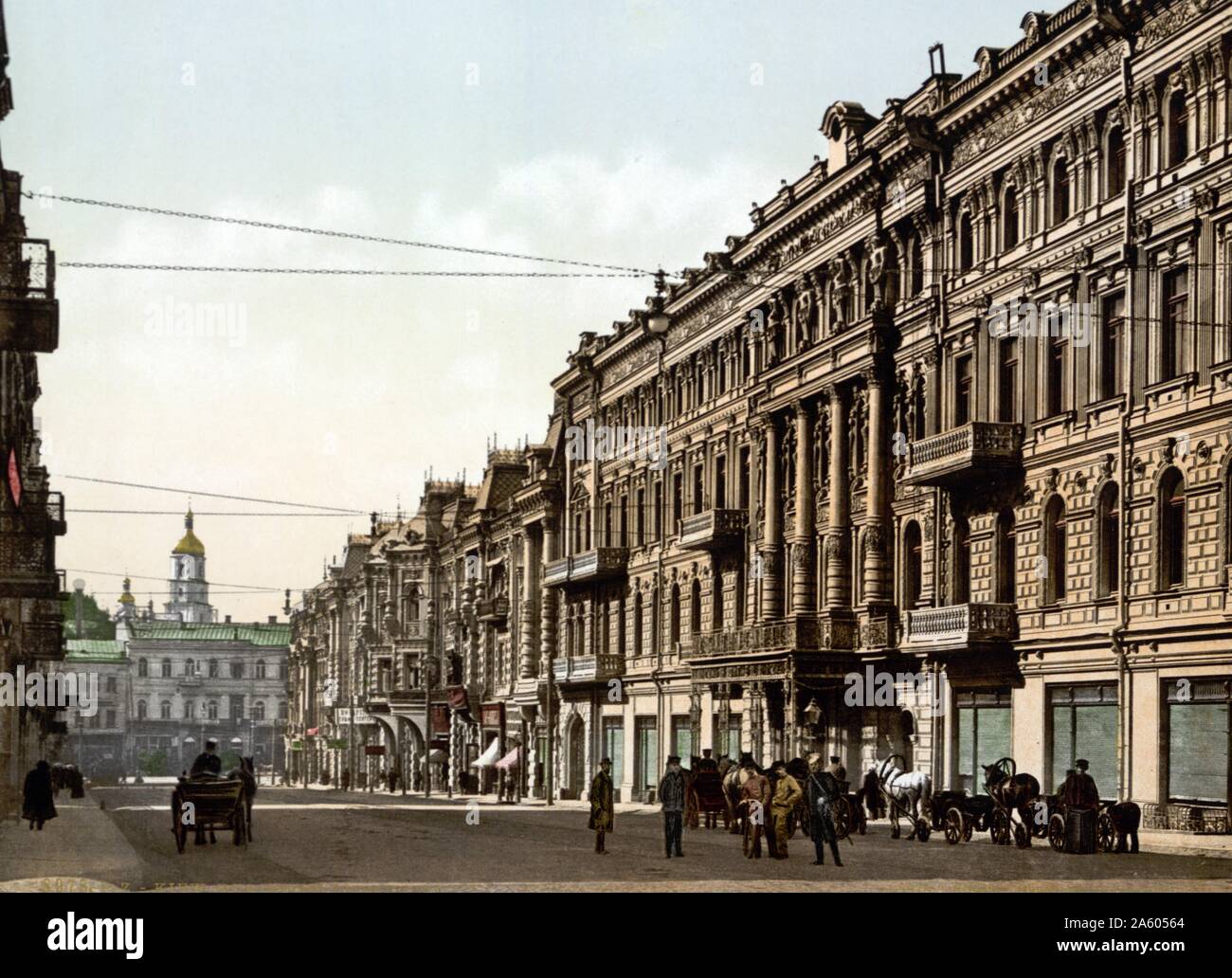 Early colour photography, Street scene of Nicolviewskaia, (also known as Nikolaevskaia) Kiev, Russia 1890. As of 1919 Ukraine became independent and Kiev is now the capital the country. Stock Photo