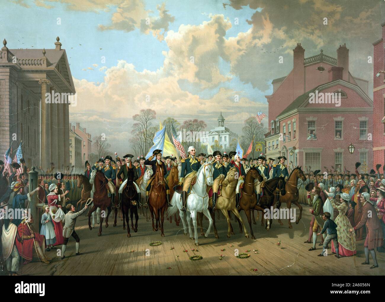 George Washington and other military officers riding on horseback along the street, on Evacuation day. A public holiday in Suffolk County, to celebrate the evacuation of the British forces in 1776. Stock Photo