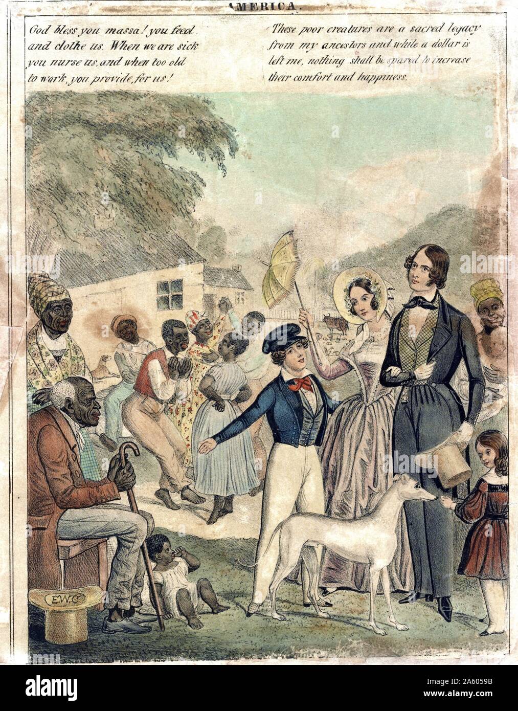 Print shows an idealized portrayal of American slavery and the conditions of blacks under this system in 1841. Whereas, the white family are shown to have special privileges, such as smart clothes and pets. Stock Photo