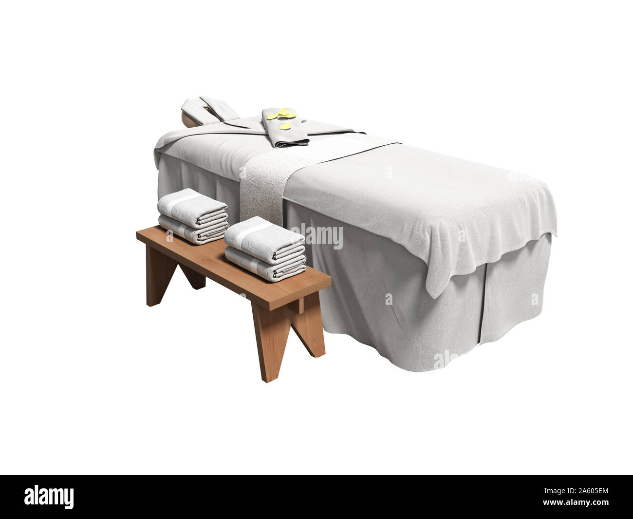 Modern white massage bed with folded towels right side 3d render on