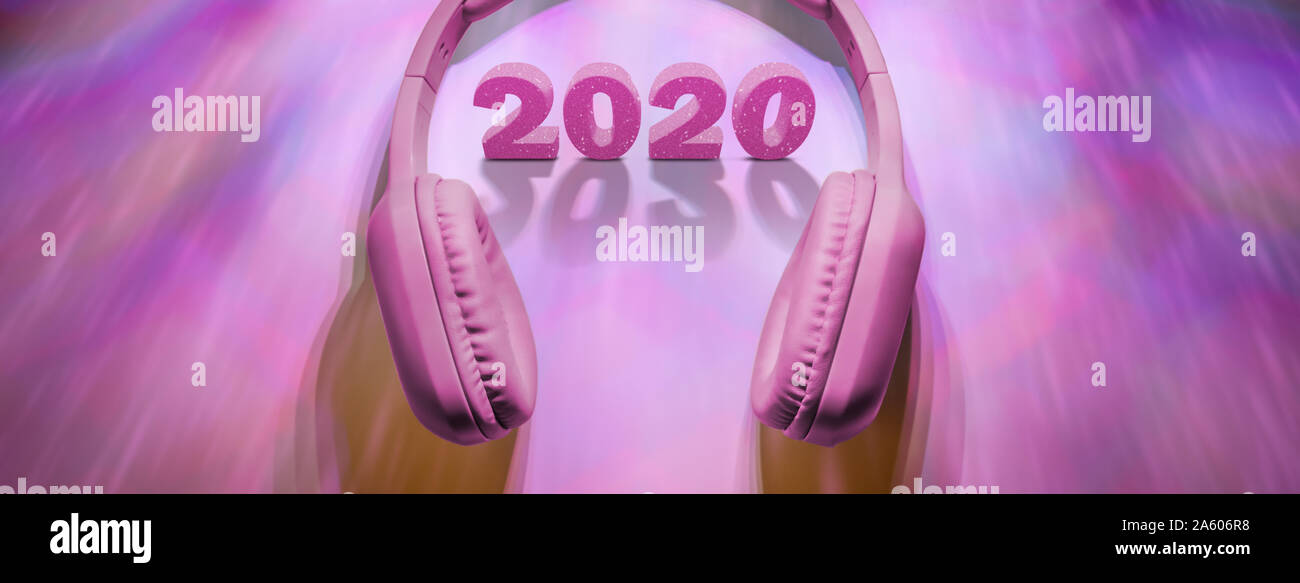 New Year 2020 3d lettering with head phones and vivid colored club lights suggesting new years party celebrations Stock Photo