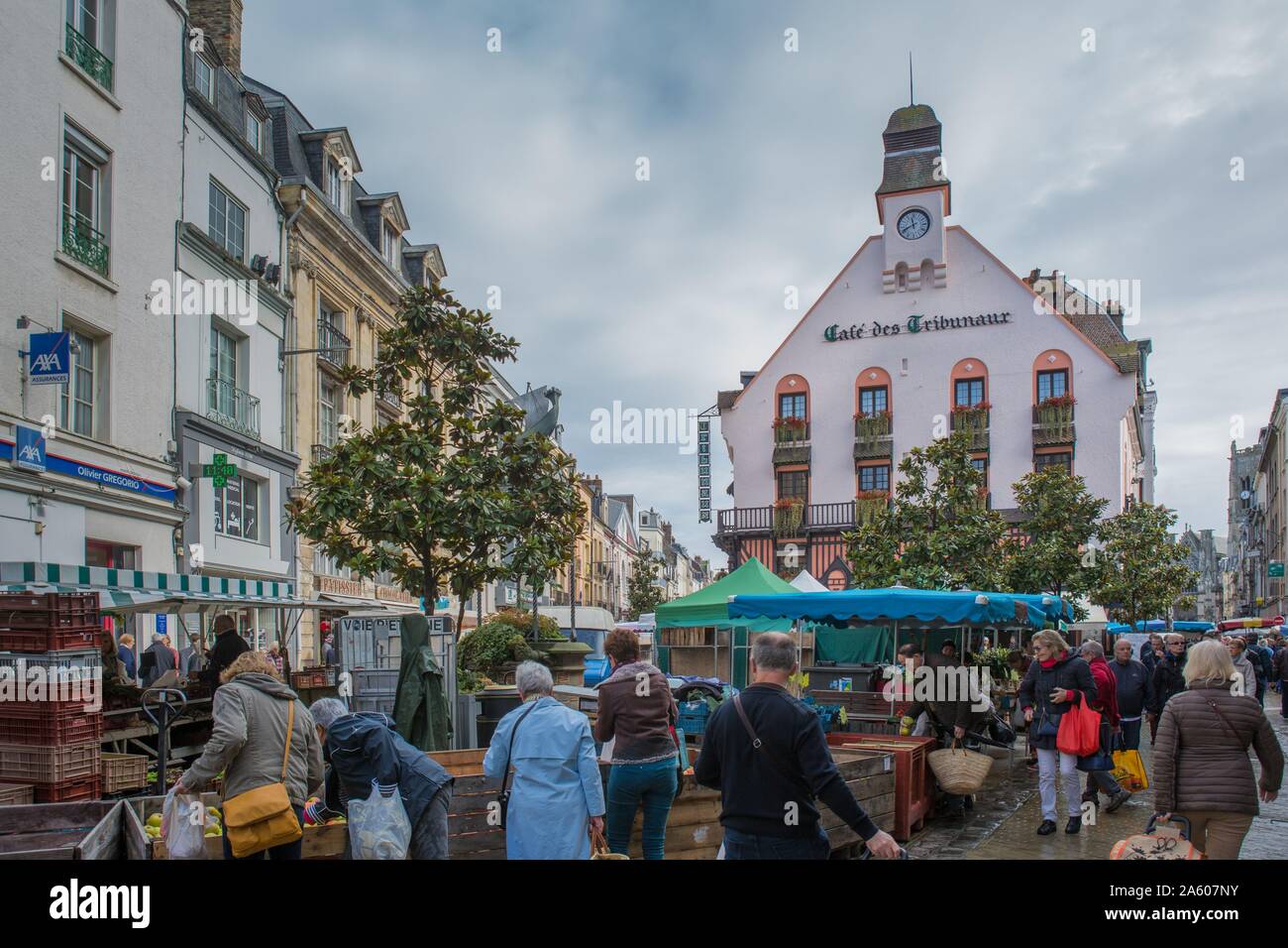 France, Pays de Caux, Dieppe, Place du Puits Salé, market, Café des Tribunaux Stock Photo