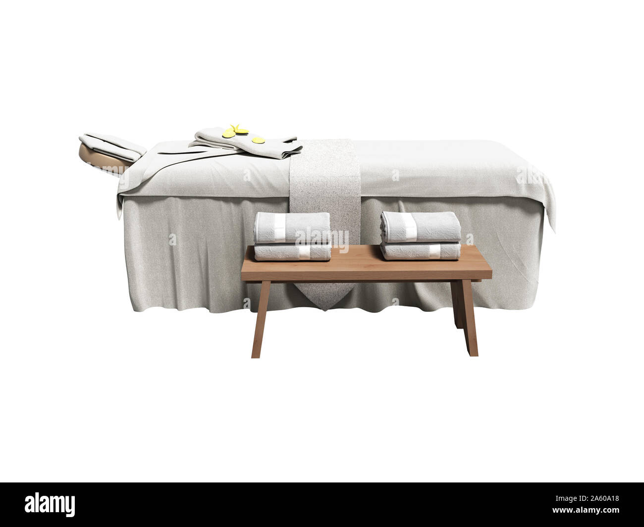 Modern white massage bed with folded towels 3d render on white background no shadow Stock Photo