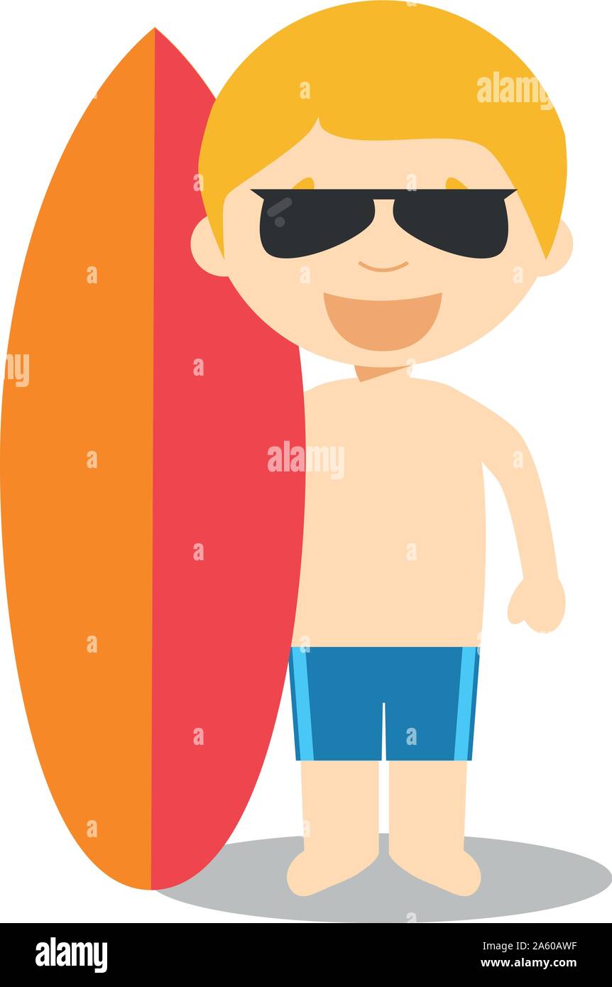 Character from Australia dressed in the traditional way as a surfer with his surfboard. Vector Illustration. Kids of the World Collection. Stock Vector