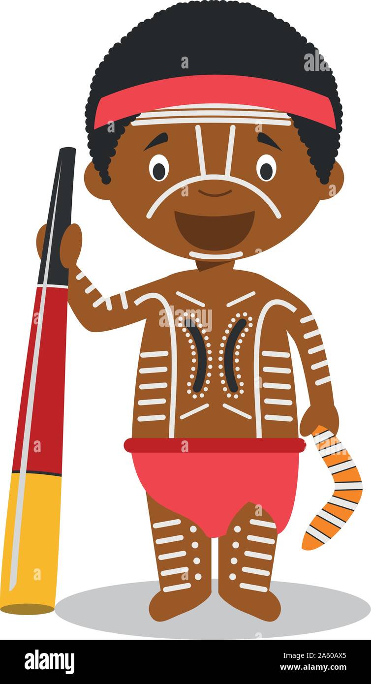 Character from Australia (Aboriginal) dressed in the traditional way with didgeridoo Vector Illustration. Kids of the World Collection. Stock Vector