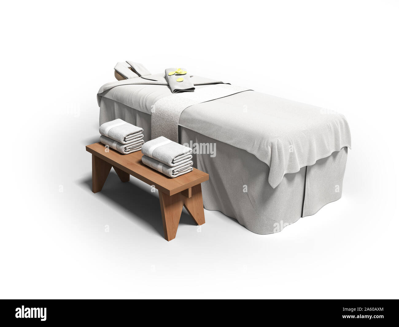 Modern white massage bed with folded towels right side 3d render on white background with shadow Stock Photo