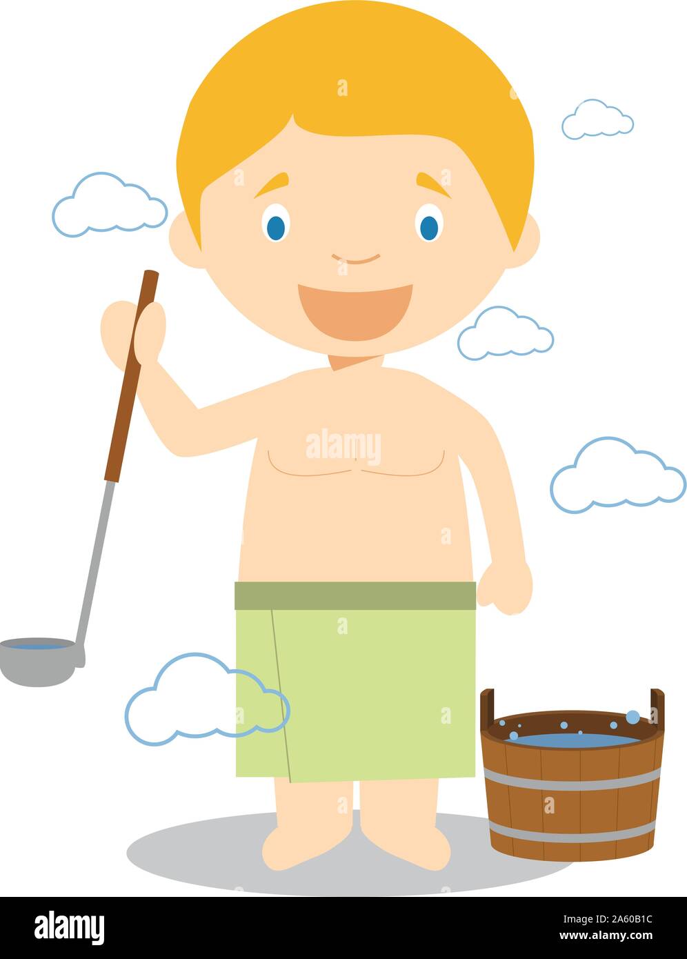 Character from Finland in a traditional sauna. Vector Illustration. Kids of the World Collection. Stock Vector