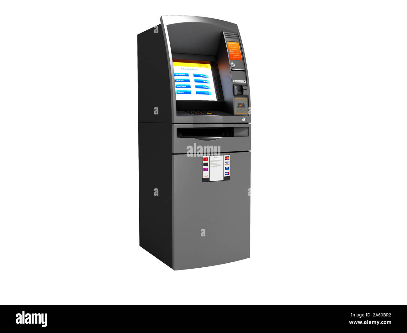 Modern ATM included for electronic money transfer 3d render on white ...