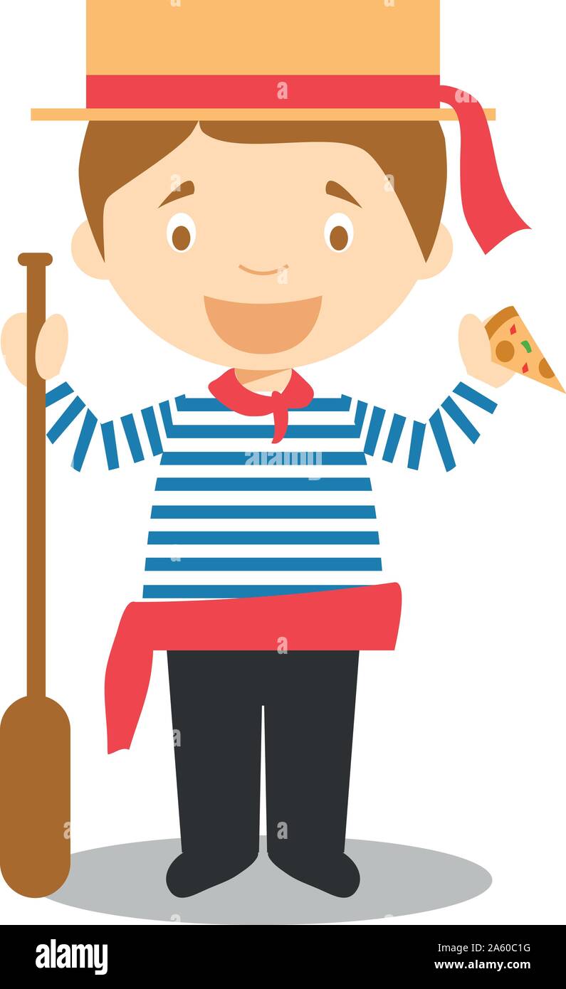 Character from Italy dressed in the traditional way as a Venice gondolier eating pizza. Vector Illustration. Kids of the World Collection. Stock Vector