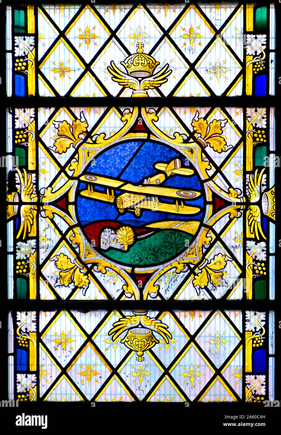 London, England, UK. Stained glass window in St James Roman Catholic Church, George Street/Spanish Place, Marylebone. First World War biplane Stock Photo