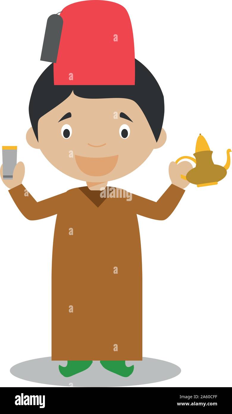 Character from Morocco dressed in the traditional way with a tea set. Vector Illustration. Kids of the World Collection. Stock Vector