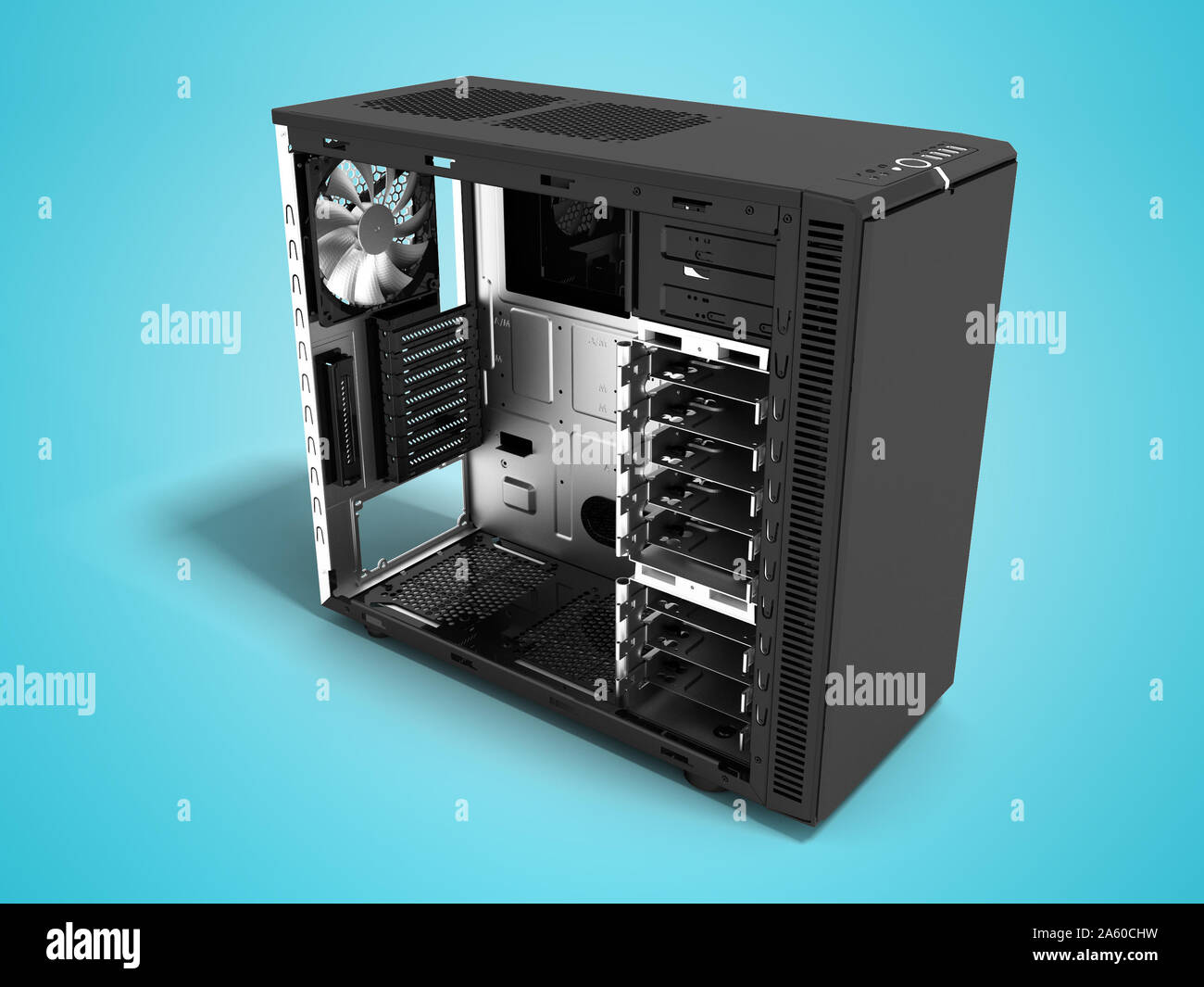 Modern metal black system unit empty for computer assembly 3d render on