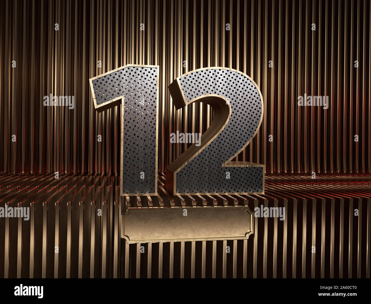 number 12 (number twelve), perforated with small holes on the background of metal pieces with the tablet for personalized inscriptions. 3D illustratio Stock Photo