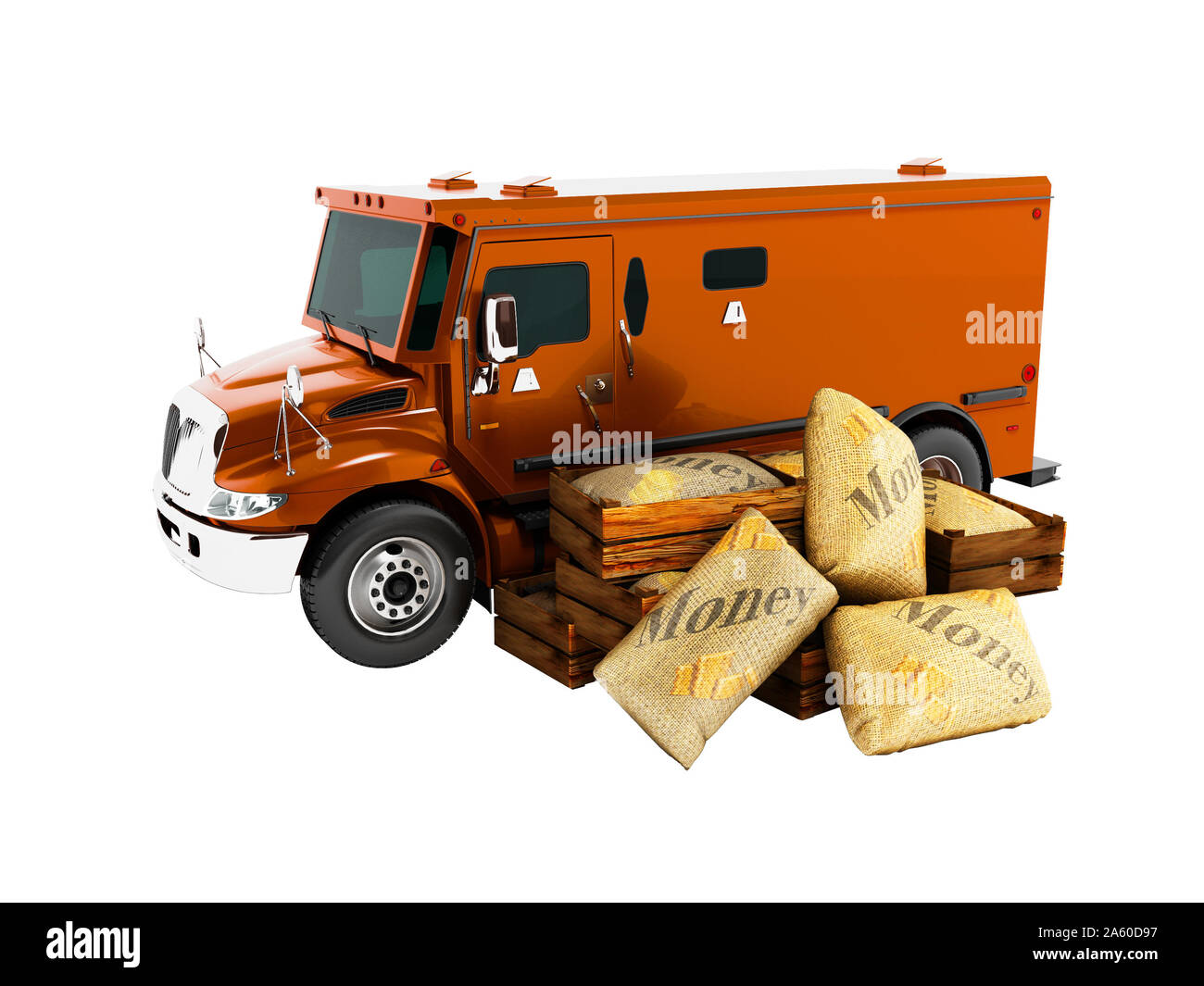 Modern orange armored truck for carrying money in bags 3d render on white background no shadow Stock Photo