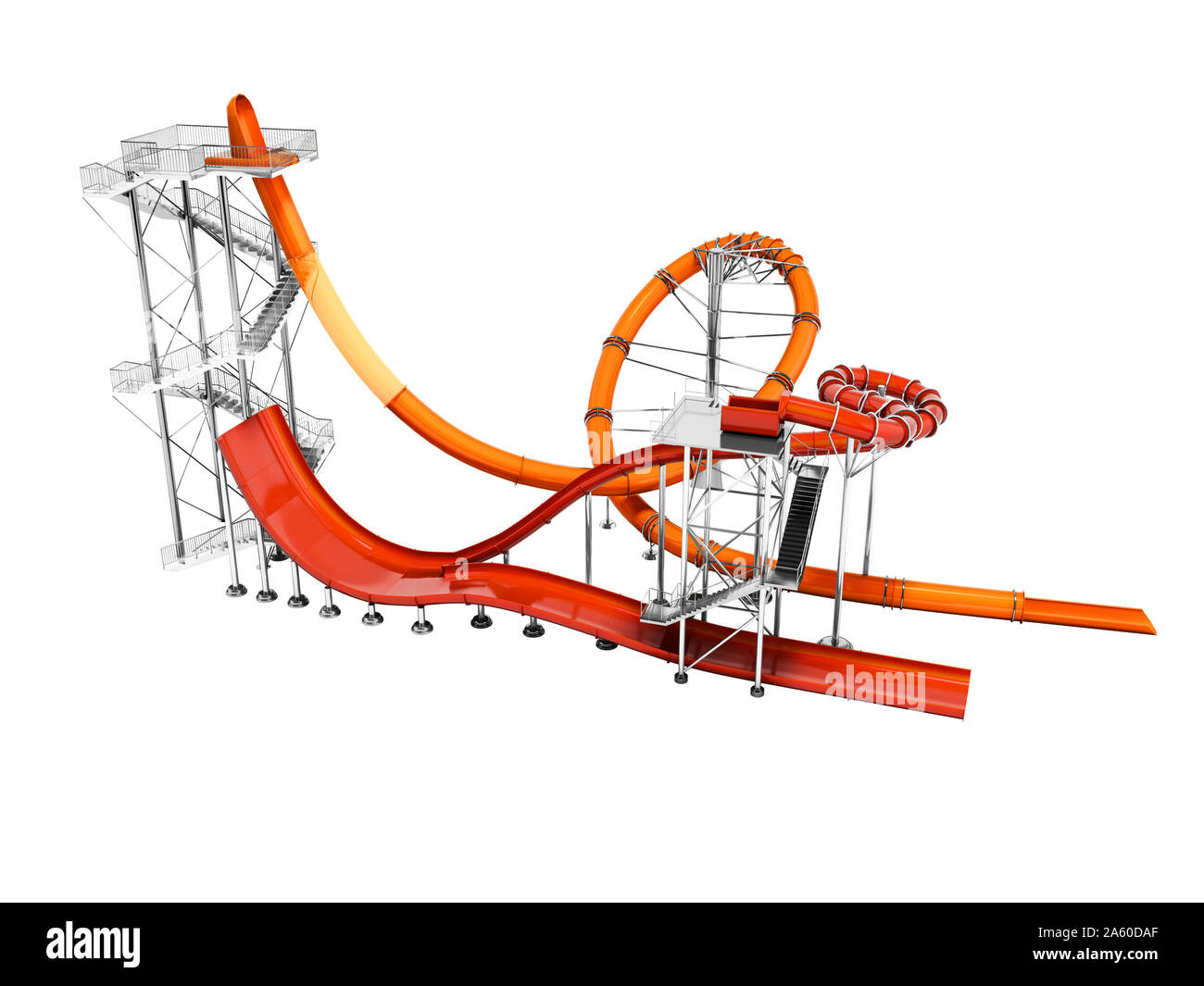 Orange big water slide with red water slide right side 3d render on